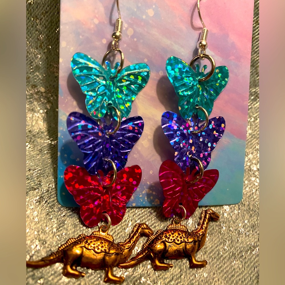 🦋🦖 Butterfly dinosaur earrings holographic iridescent